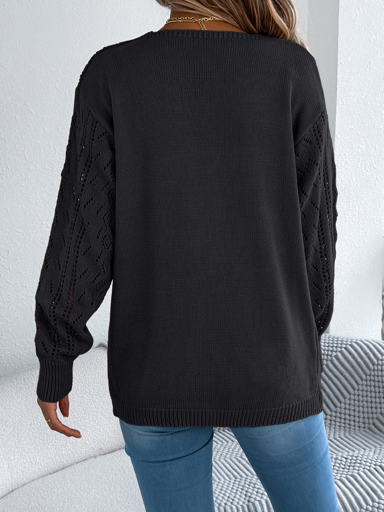 Early Autumn Casual Hollow Out Cutout out Lantern Long Sleeve Cardigan Sweater Mid Length Coat Women Clothing