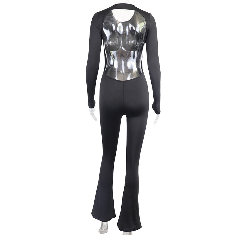 round Neck Long Sleeve Jumpsuit Slim Fit Backless Outer Wear Base One Piece Trousers Hip Raise High Waist Bell Bottom Pants Women