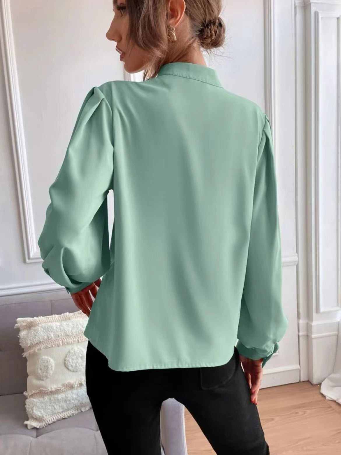 Women Shirt Autumn Elegant Solid Color Collared Long Sleeve Single Row Button Loose Women Top