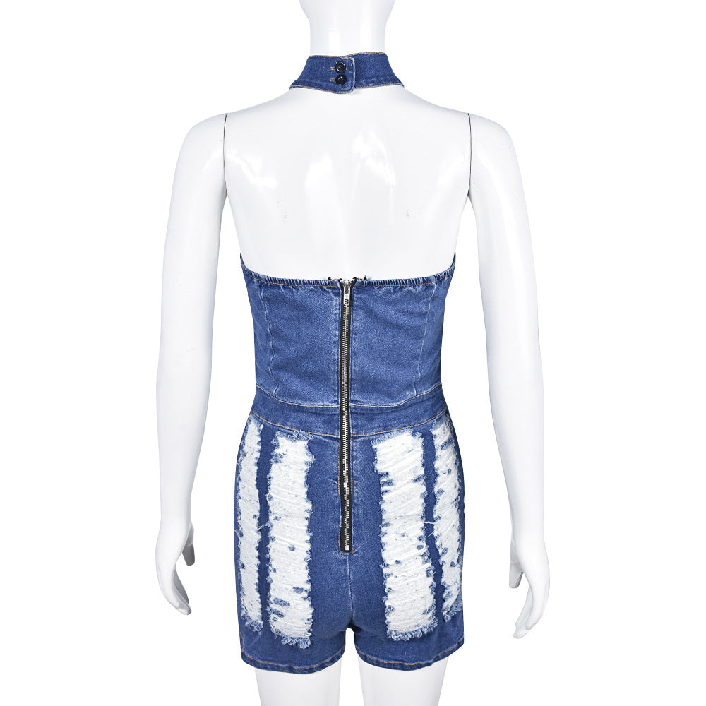 Women Clothing Spring Denim Halter Tassel Beggar Dress Sexy Jumpsuit