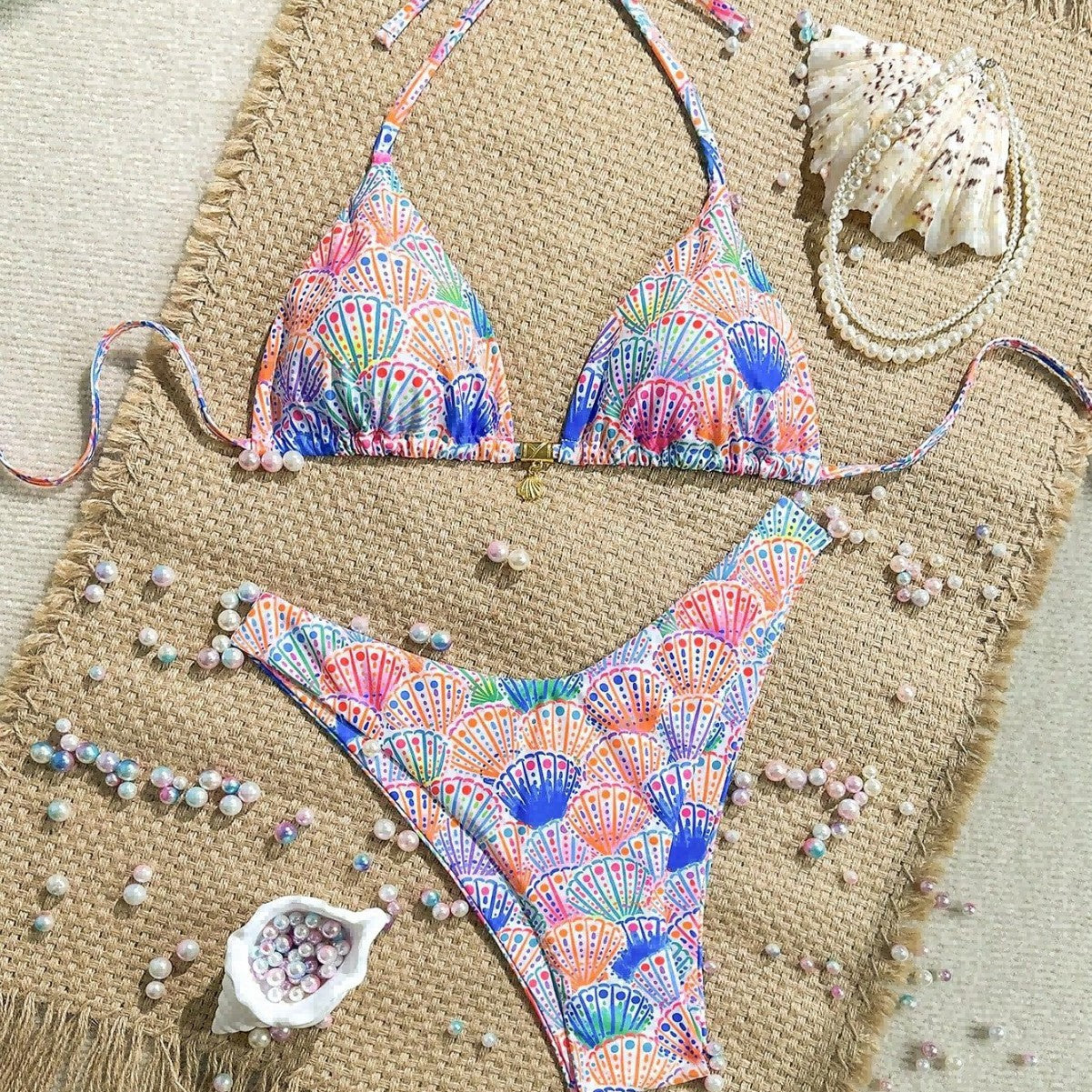 Shell Printed Bikini Sexy Lace up Bikini Lady Simple Split Swimsuit