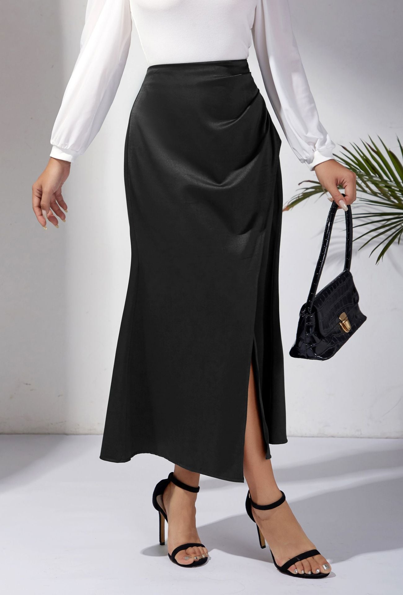 Women Clothing High Waist Satin Heap Pleated Split Dress Solid Skirt Zipper Fishtail Hip Skirt