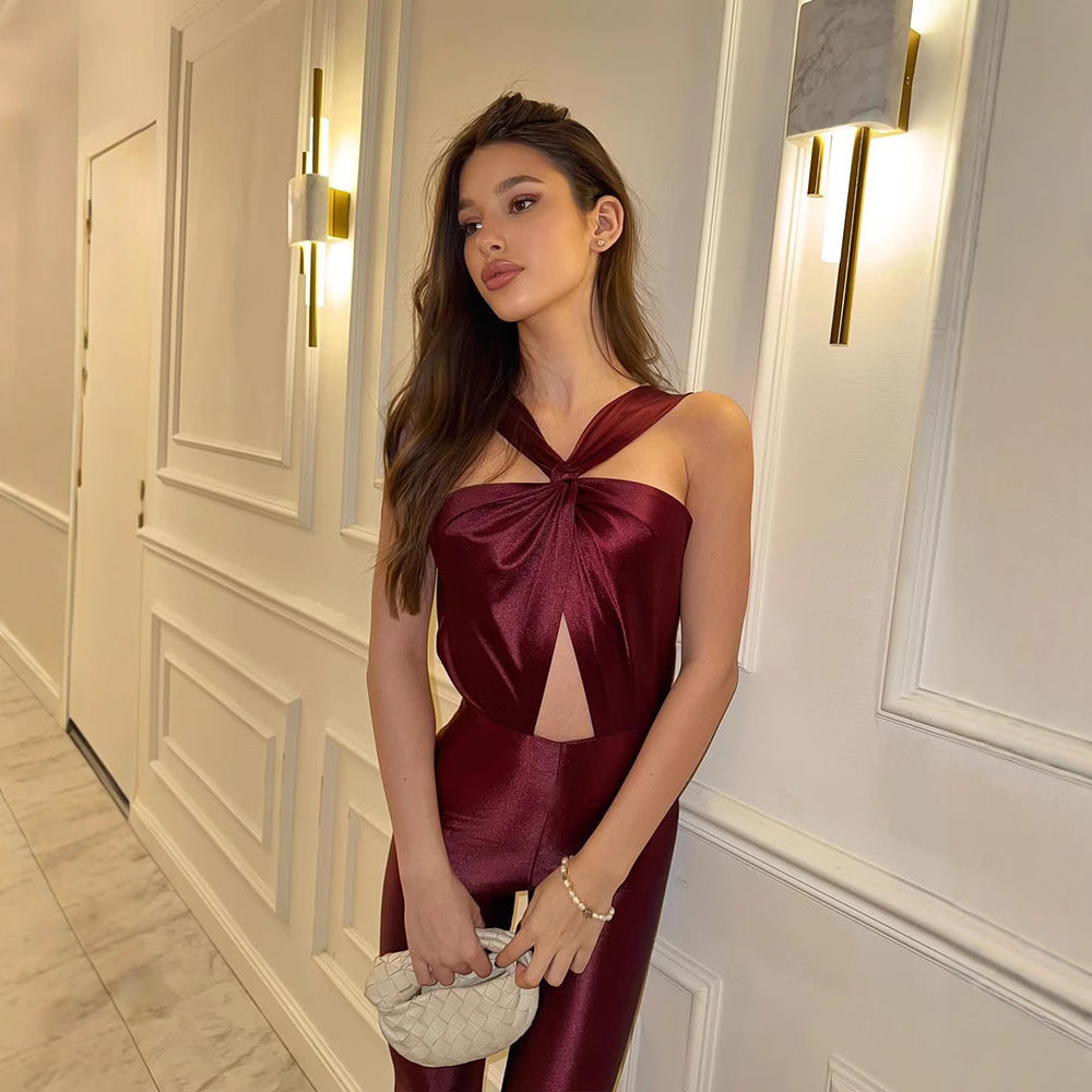 Close Fitting Slim Fitting Elegant Halter Tube Top Hollow Out Cutout Sexy One Piece Jumpsuit
