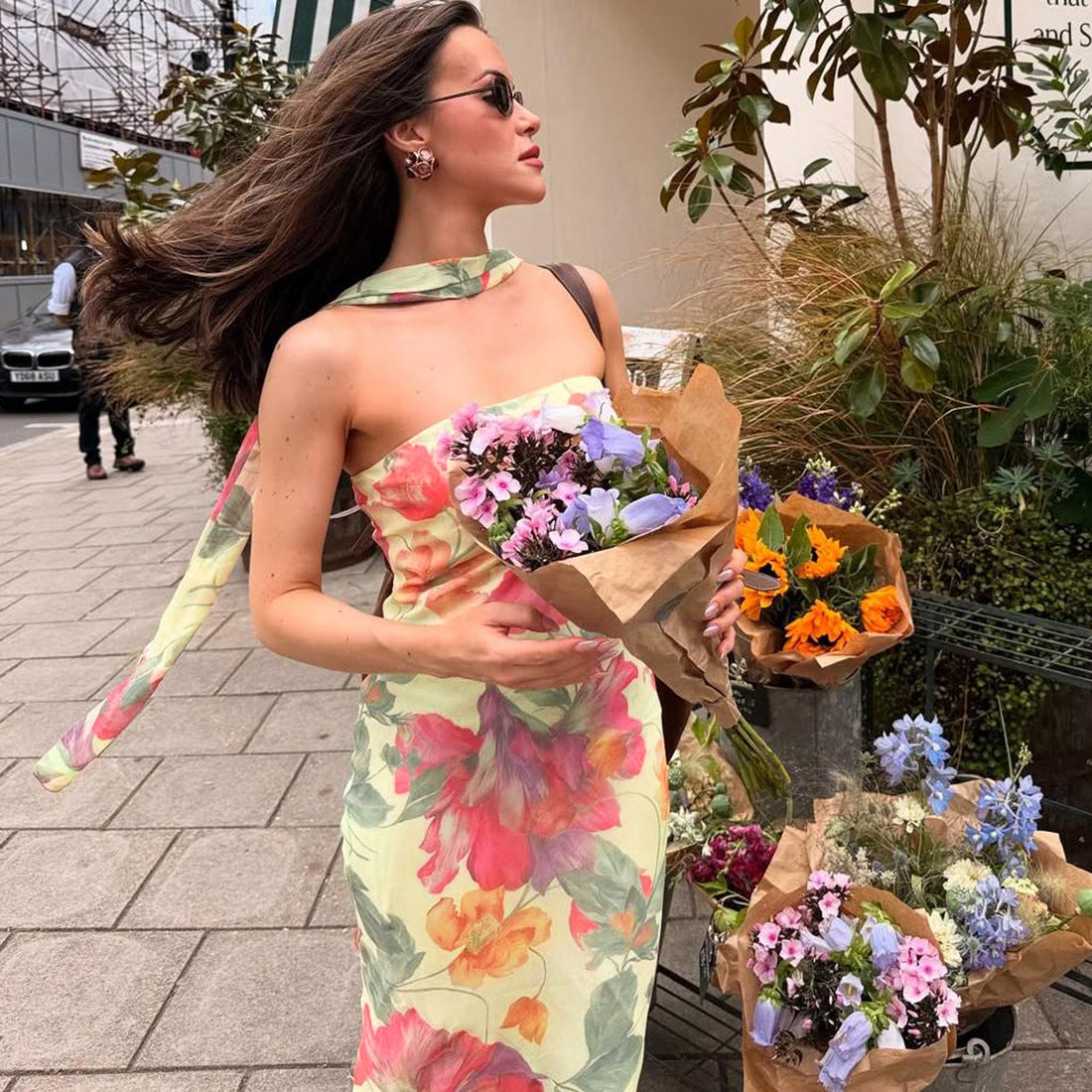 Fall Women Clothing Elegant Slim Fit Scarf Collar Sexy Backless Tube Top Printed Dress Women