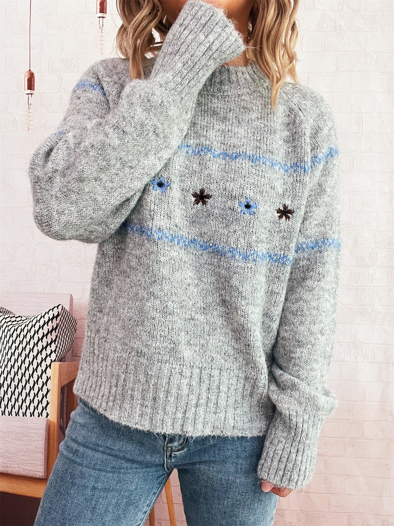 Autumn Winter Clear Cute Floral Embroidery Contrast Color Knitted Pullover Casual Loose Sweater