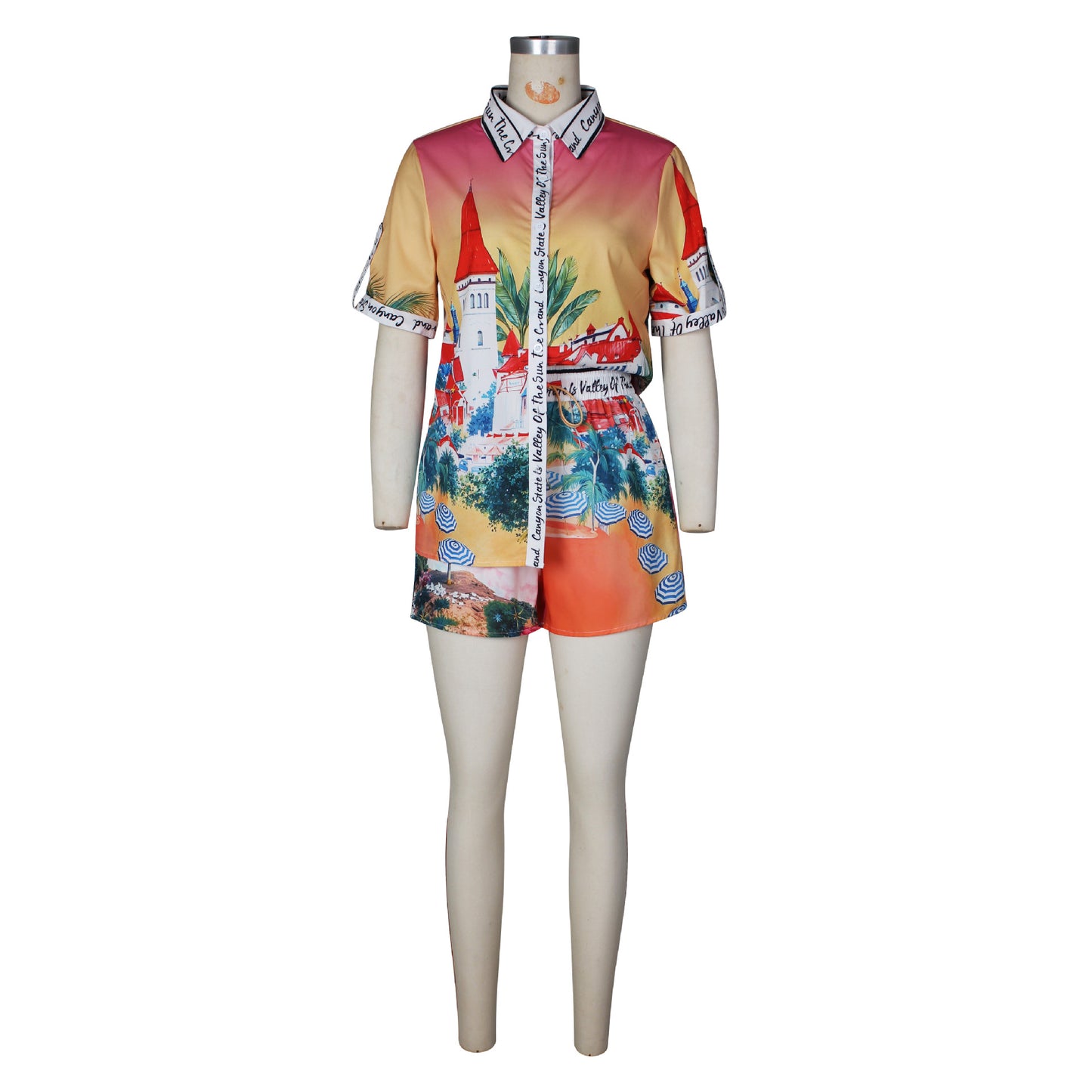 Women Clothing Personalized Positioning Printed Short Sleeved Shorts Color Matching Vacation Casual Two Piece Sets