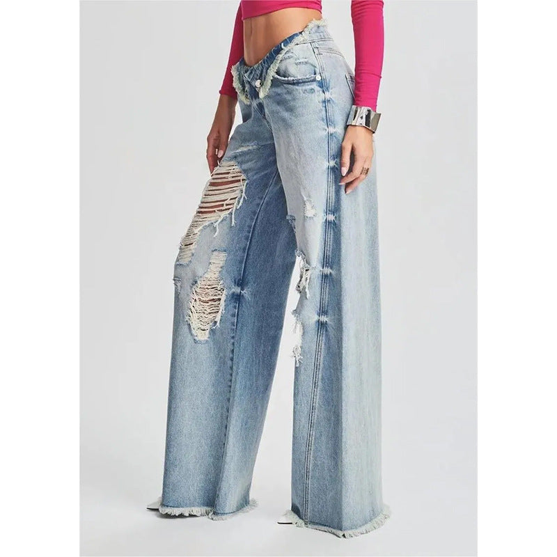 Ladies Jeans Ripped Irregular Asymmetric Side Turn Waist Wide Leg Trousers Women