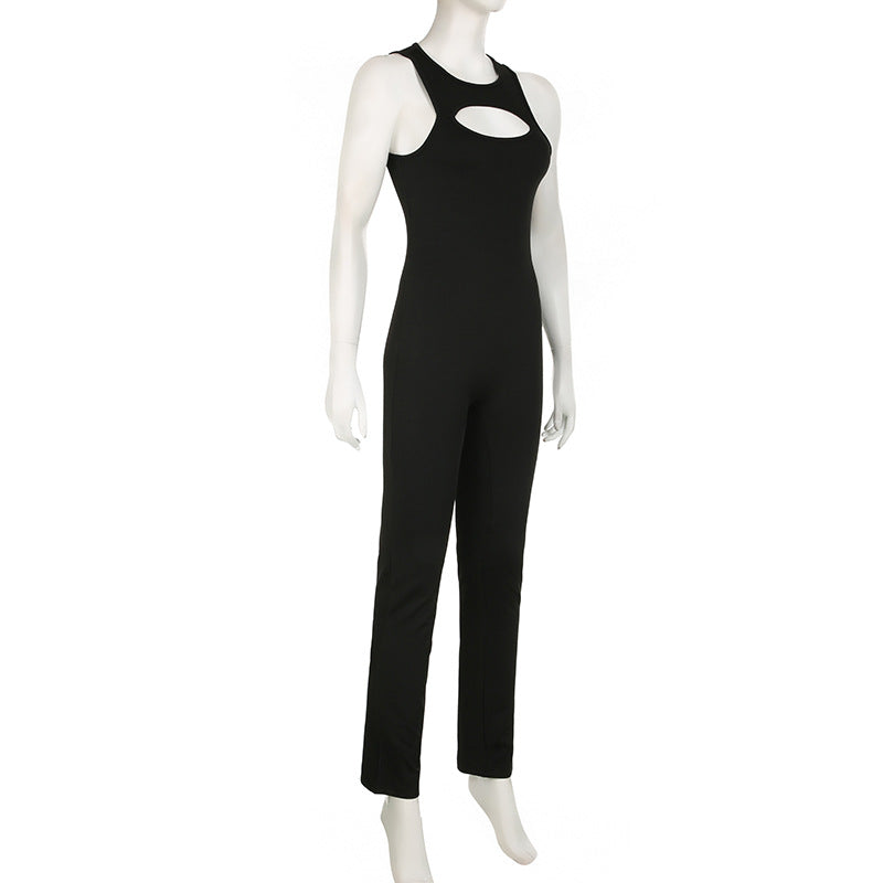 Women Clothing Solid Color Personalized Chest Hollow Out Cutout Backless Body Shaping Wide Leg Slightly Flared Jumpsuit Summer