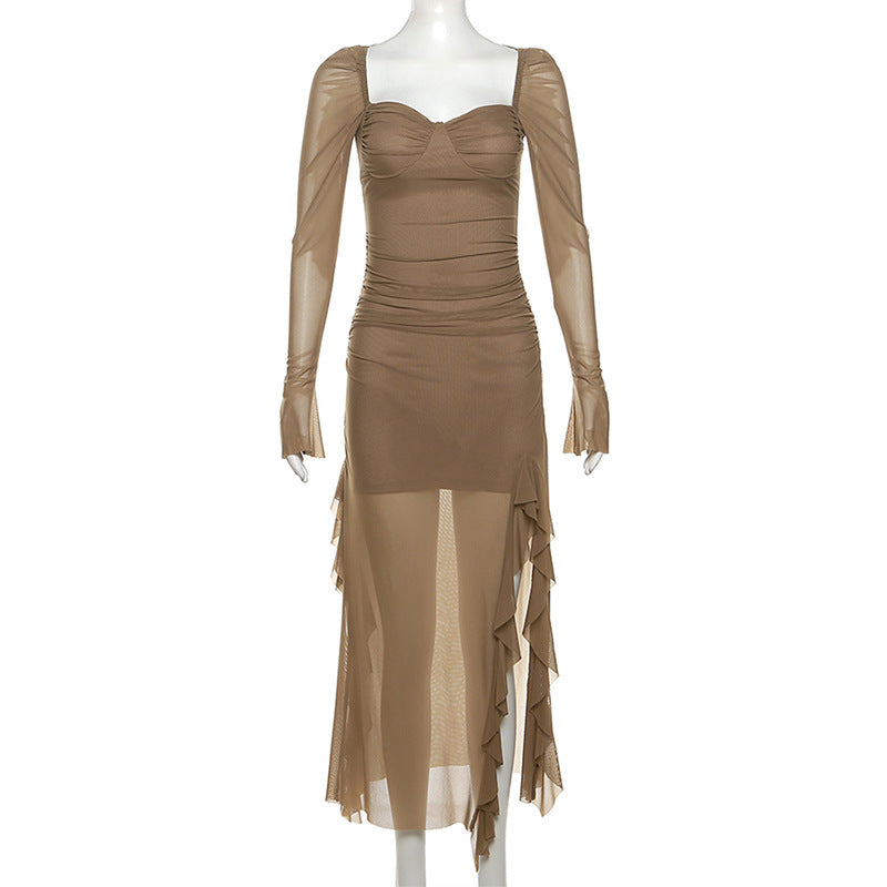 Autumn Winter Women Mesh Ruffled Niche Design Long Sleeve Square Collar Dress