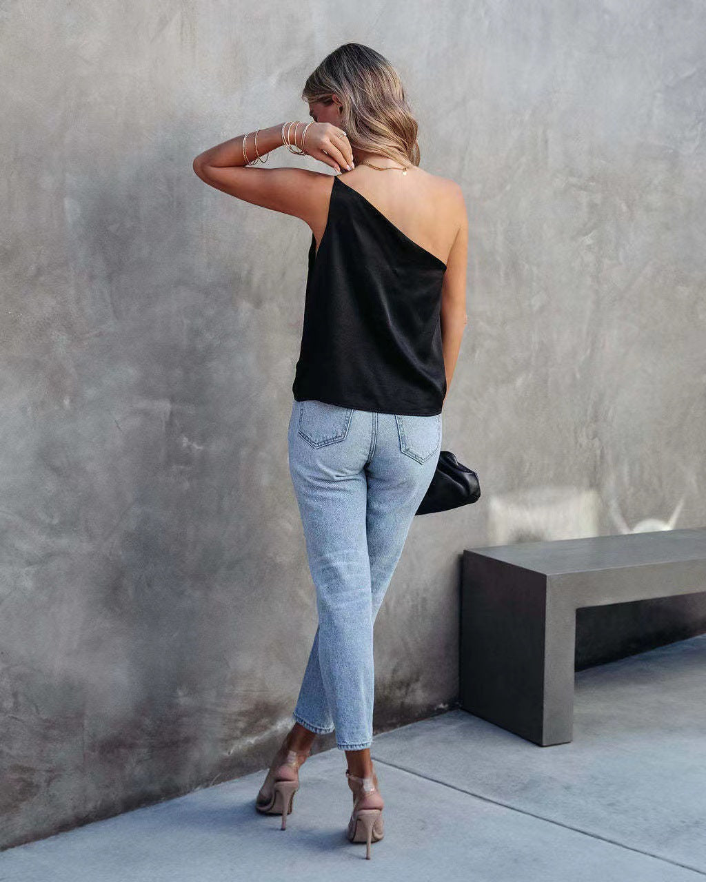 Spring Summer Office Loose Casual Slant Shoulder Satin Strap for Women
