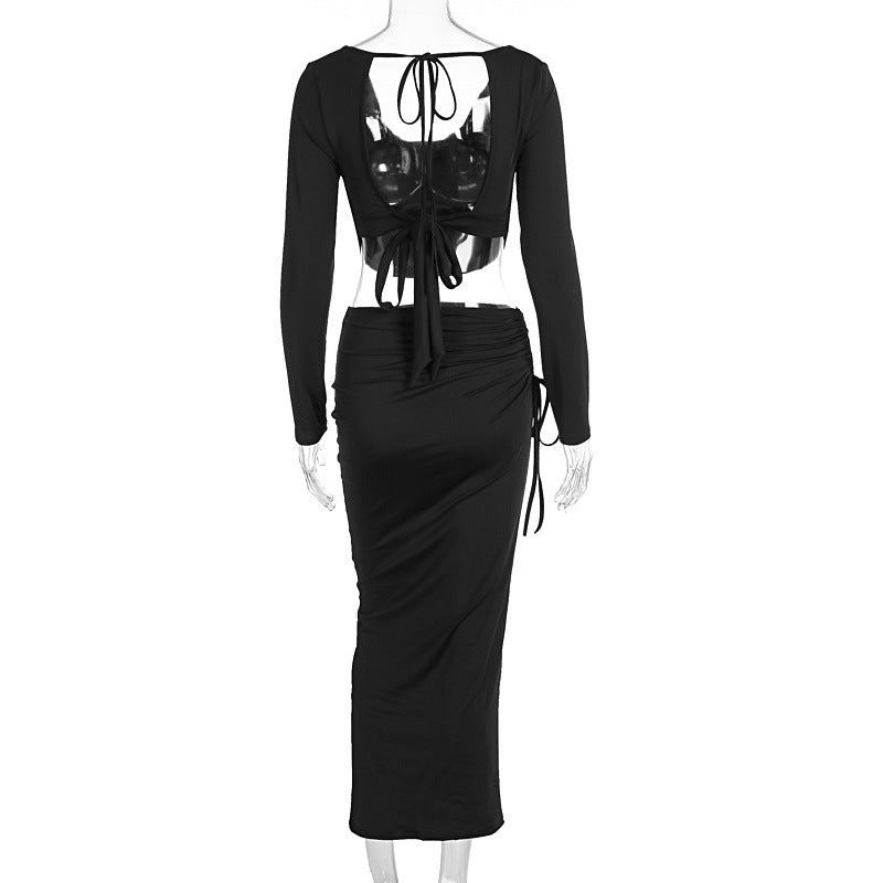 Women Clothing Autumn Sexy Backless Lace up Top Slim Pleated Skirt Two Piece Sets