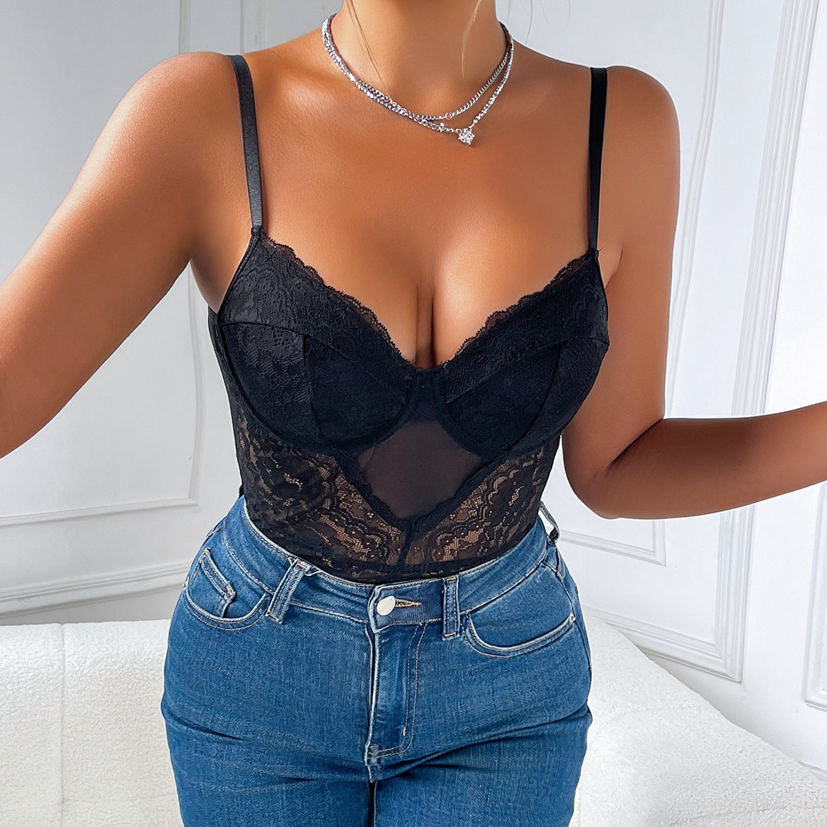 Sexy Women Wear Lace Slim Fit Patchwork See through Sleeveless Jumpsuit