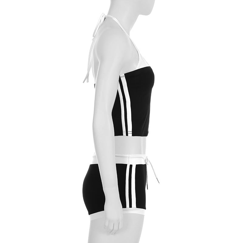 Casual Digital Printing Halter Lace up Vest Striped Contrast Color Street Sports Two Piece Sets