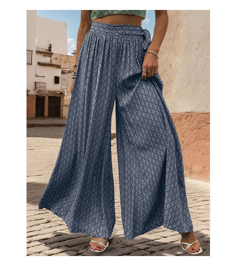 Summer Loose Wide Leg Pants Women Clothing Tied High Waist Casual Printed Trousers