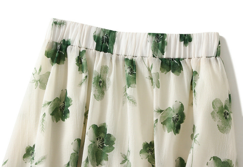 Spring Summer Women Ink Print Skirt A Line Skirt High Waist Slimming Midi Skirt