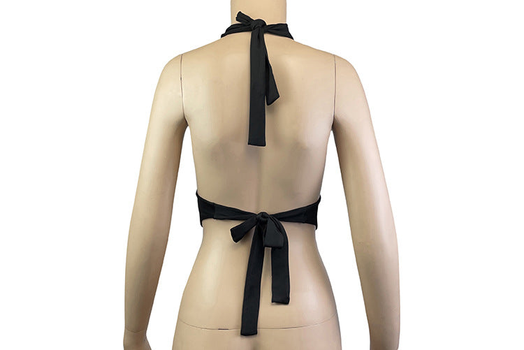 Summer off the Shoulder Solid Color Black Criss Cross Base Slim Fit Backless Halter Hollow Out Cutout Camisole Bow Sexy Tube Top