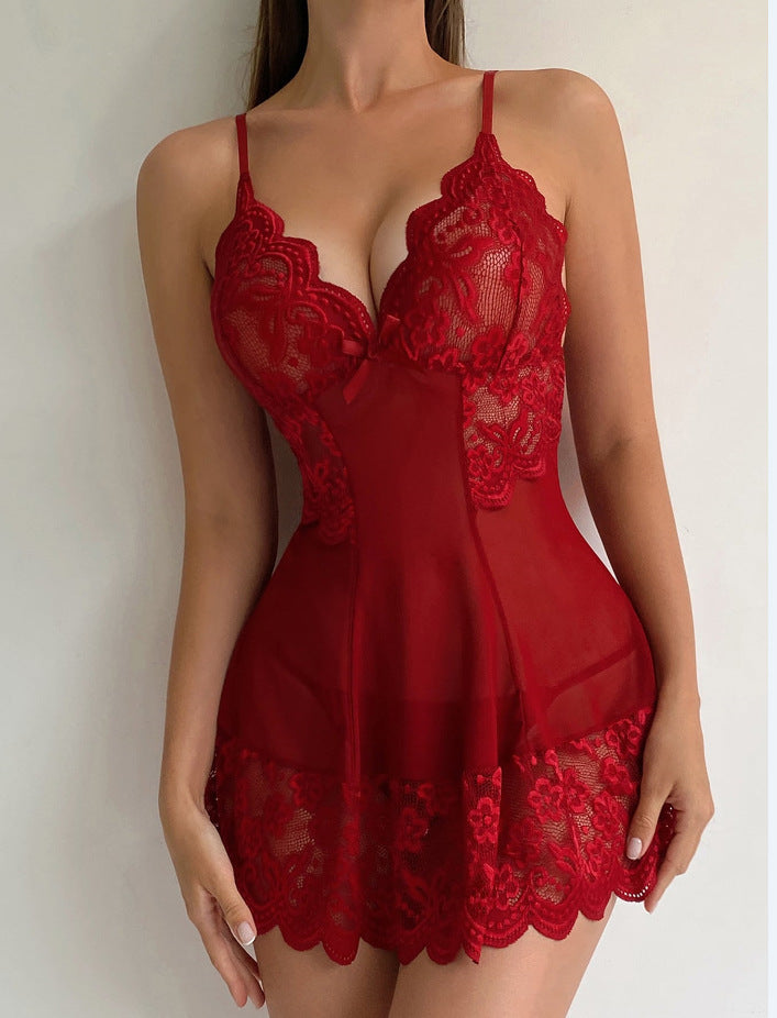 Sexy Hollow Out Cutout Out See Through Printed Lace Slip Nightdress Sexy Lingerie Suit