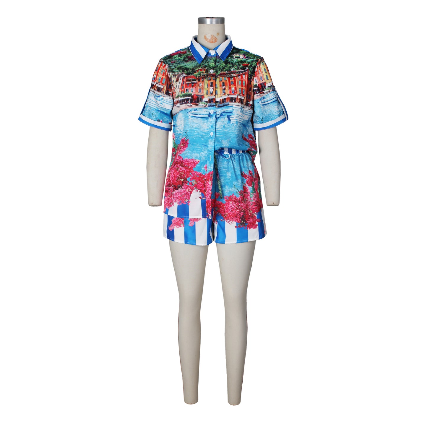 Women Clothing Personalized Positioning Printed Short Sleeved Shorts Color Matching Vacation Casual Two Piece Sets