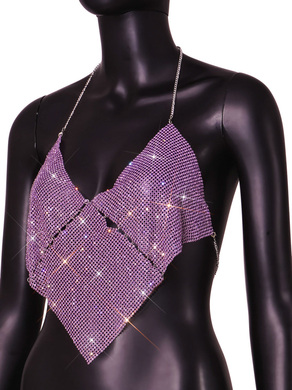 Women Clothing Nightclub Sexy Low Cut Backless Halter Rhinestone Stitching Triangle Vest Women