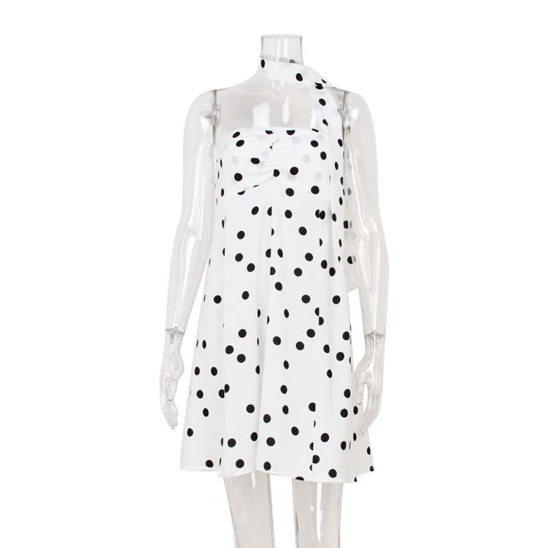 Elegant Expensive Tube Top Dress Loose Polka Dot Printed Short Dress with Scarf