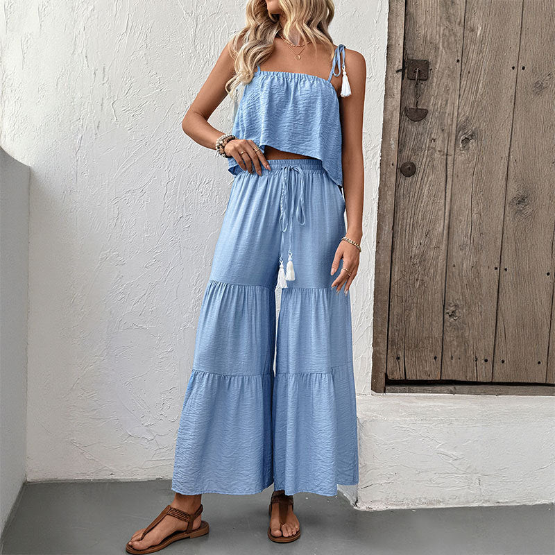 Fresh Air Sling Top Wide Leg Trousers Solid Color Set Two Piece Summer Wear Women
