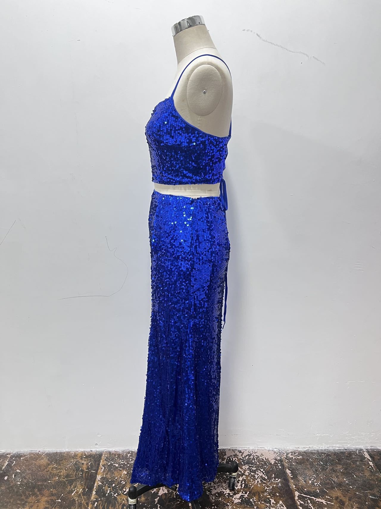 Women Clothing Sequined Lace up Two Piece Long Sexy Skirt Sets