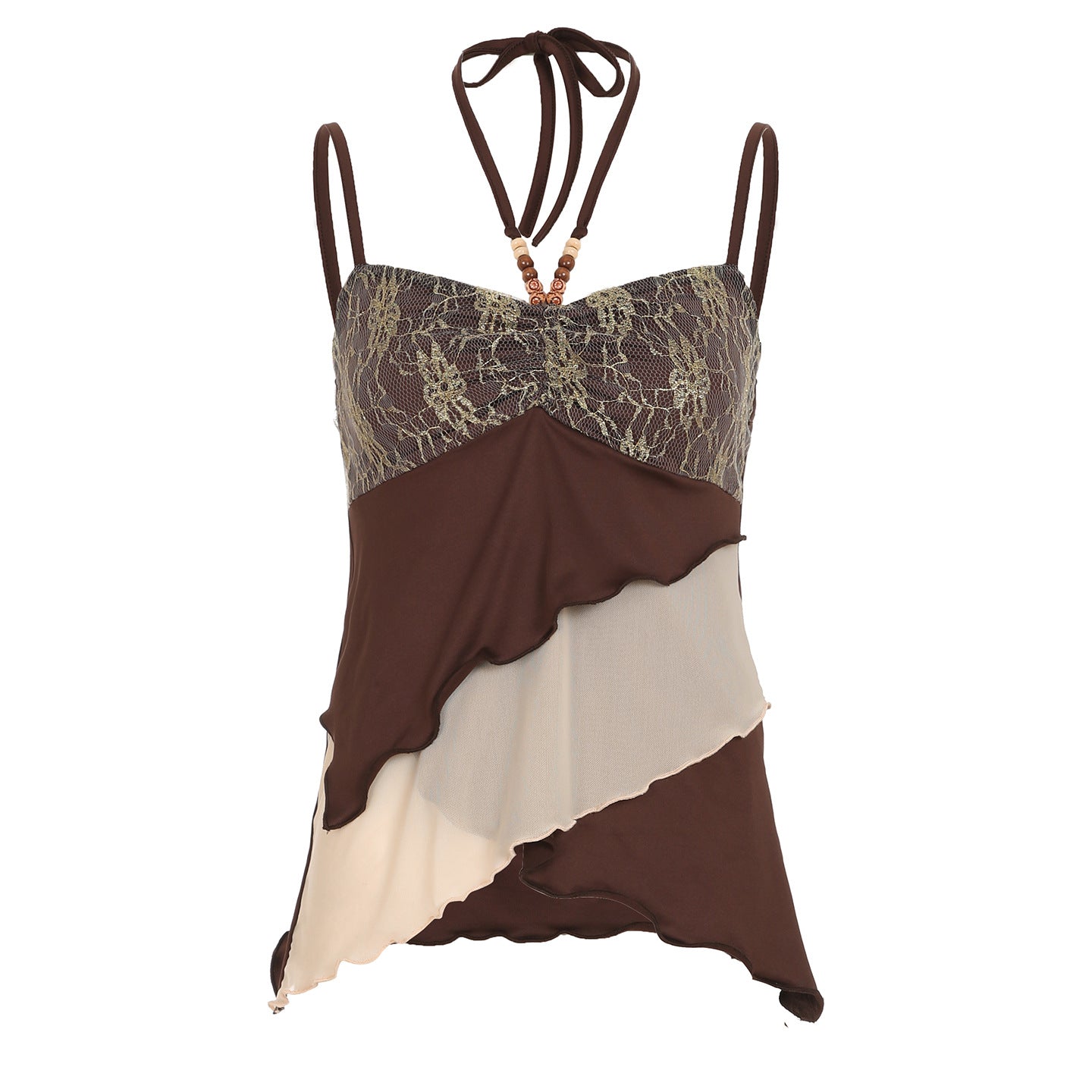 Street Sexy Sweet Cool Gold Silk Stitching Retro Irregular Asymmetric Layered Beads Halter Slimming Vest