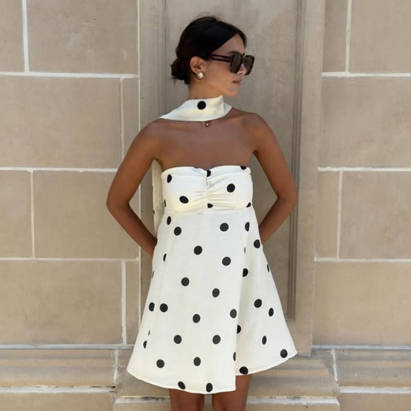 Elegant Expensive Tube Top Dress Loose Polka Dot Printed Short Dress with Scarf