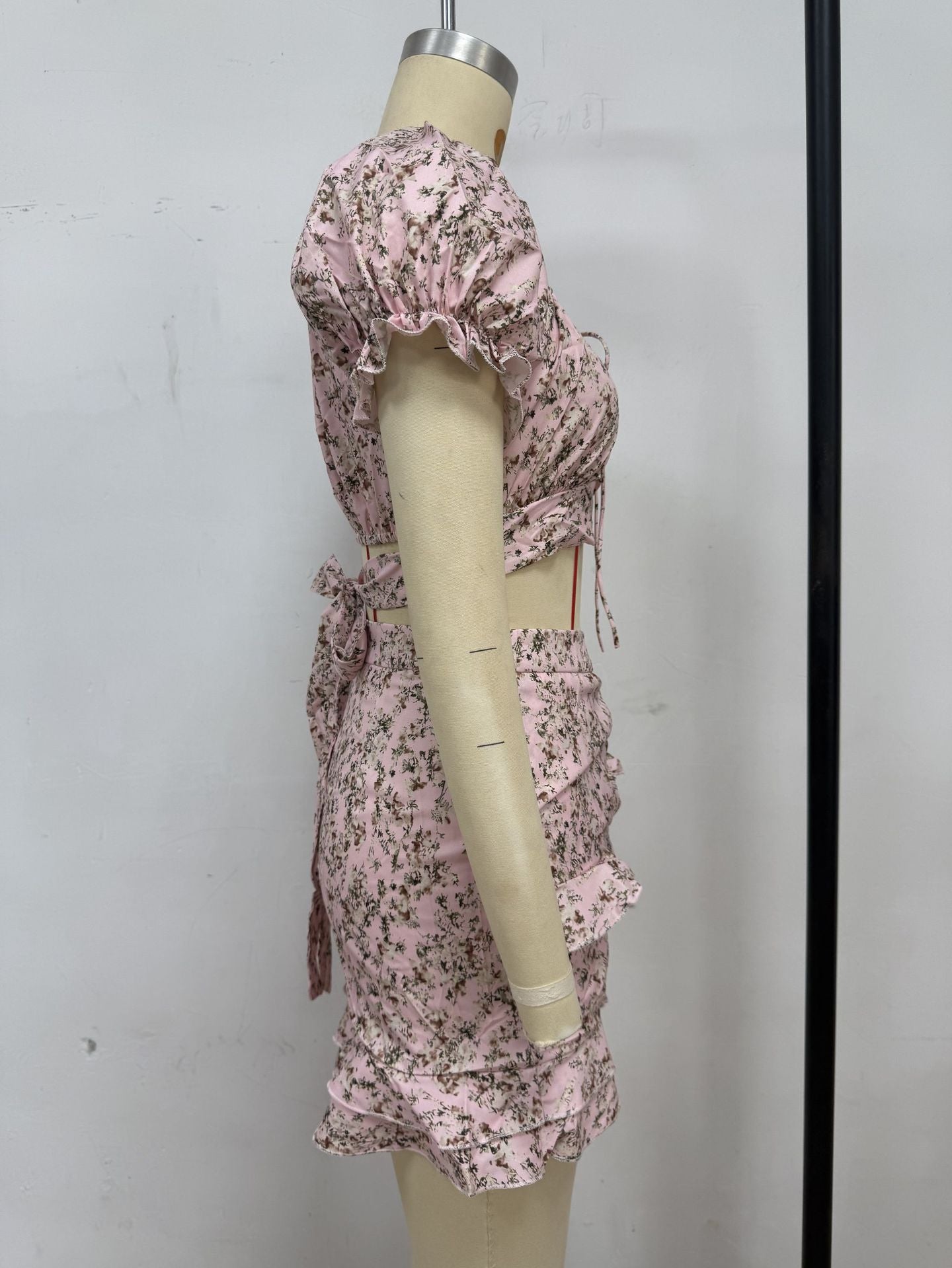 Spring Summer Floral Fresh Sweet U Neck Lace up Two Piece Sets Skirt