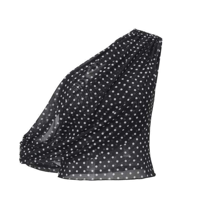 Women Clothing Summer Sexy Diagonal Collar Polka Dot Chiffon See through Irregular Asymmetric Top Women