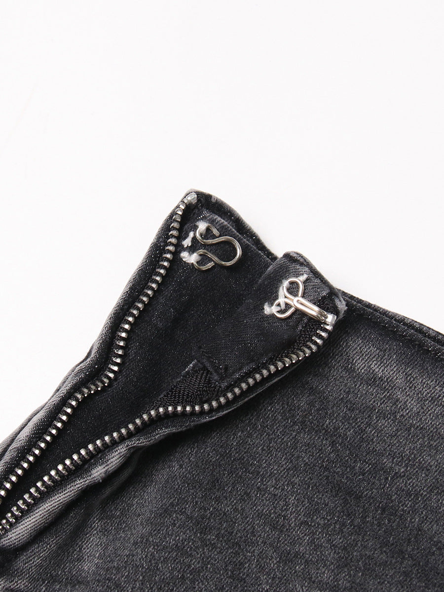 Personality Street Denim Stitching Shorts Autumn High Waist Irregular Asymmetric Washed Worn Jeans Women