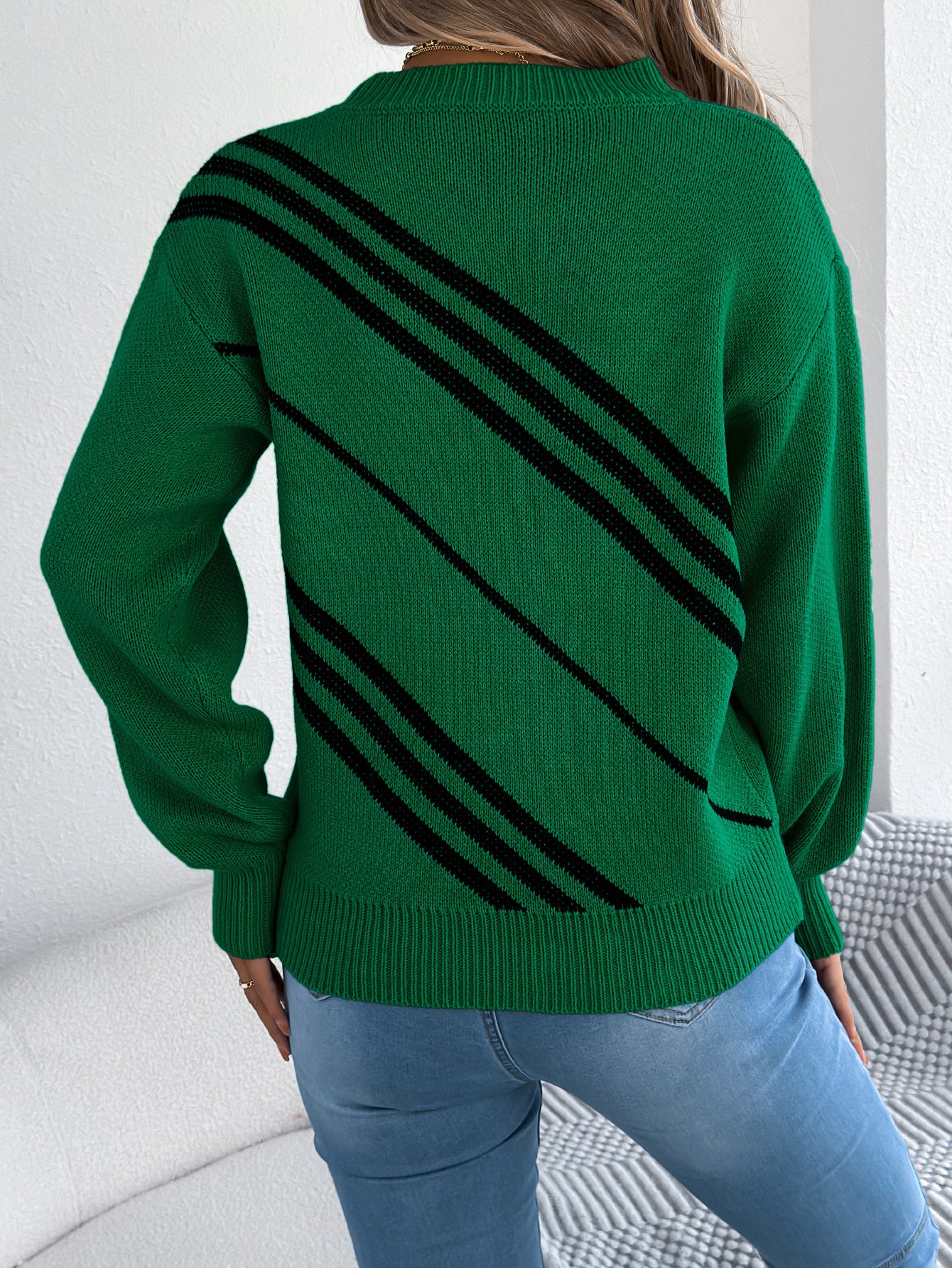 Women Clothing Autumn Winter Casual Striped round Neck Lantern Long Sleeve Pullover