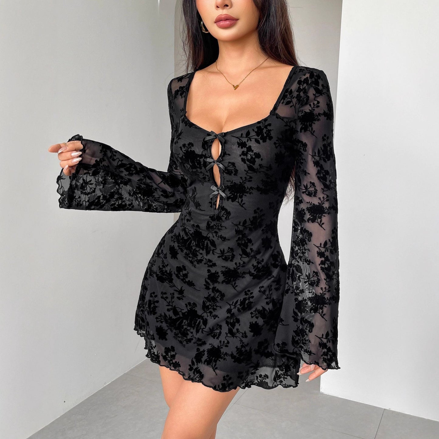 Fall Dress Flocking Long Sleeve Floral Hollow Out Cutout Bow Women Clothing