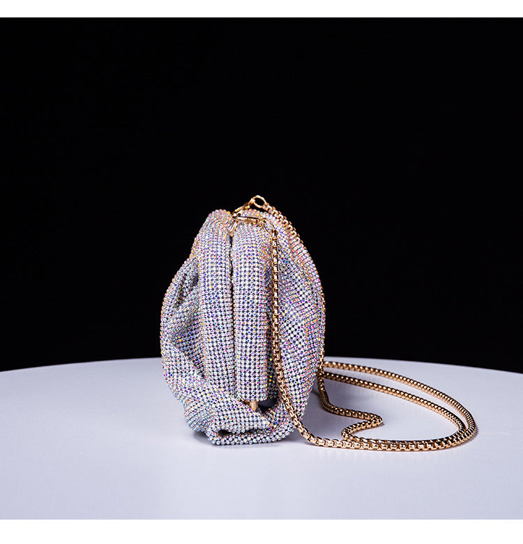 High Grade Diamond Studded by Hand Clutch Pleated Chain Rhinestone Cloud Clip Dinner Bag One Shoulder Crossbody Bag