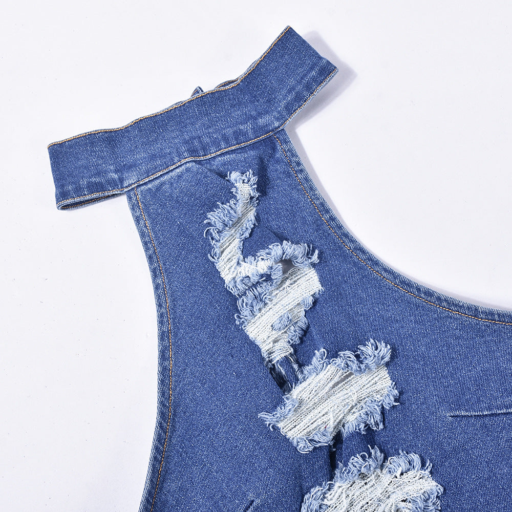 Women Clothing Spring Denim Halter Tassel Beggar Dress Sexy Jumpsuit