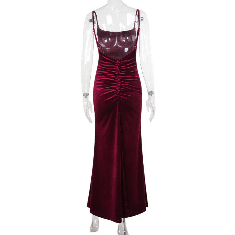 Autumn Socialite Sexy Velvet Pleated Fitted Waist Backless Sling Dress