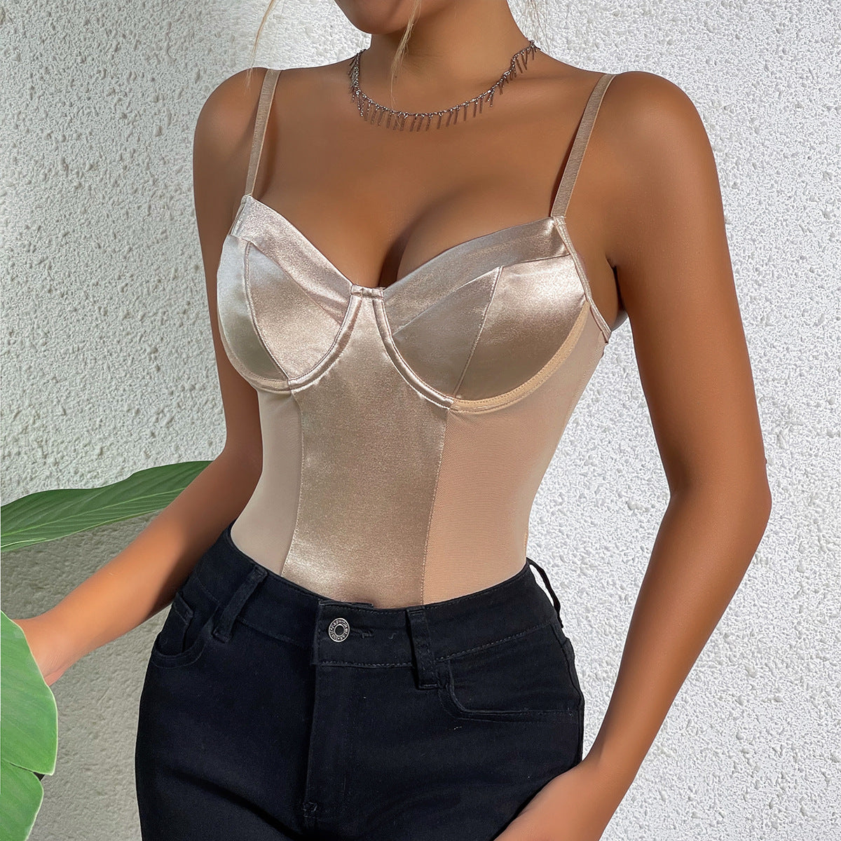 Skin Color Base Advanced Stitching Feeling Slim Fit Sleeveless Jumpsuit