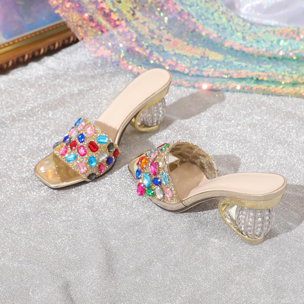 Women Rhinestone Gold Sandals Slip on Transparent Platform Party Dress Sandals High Heels