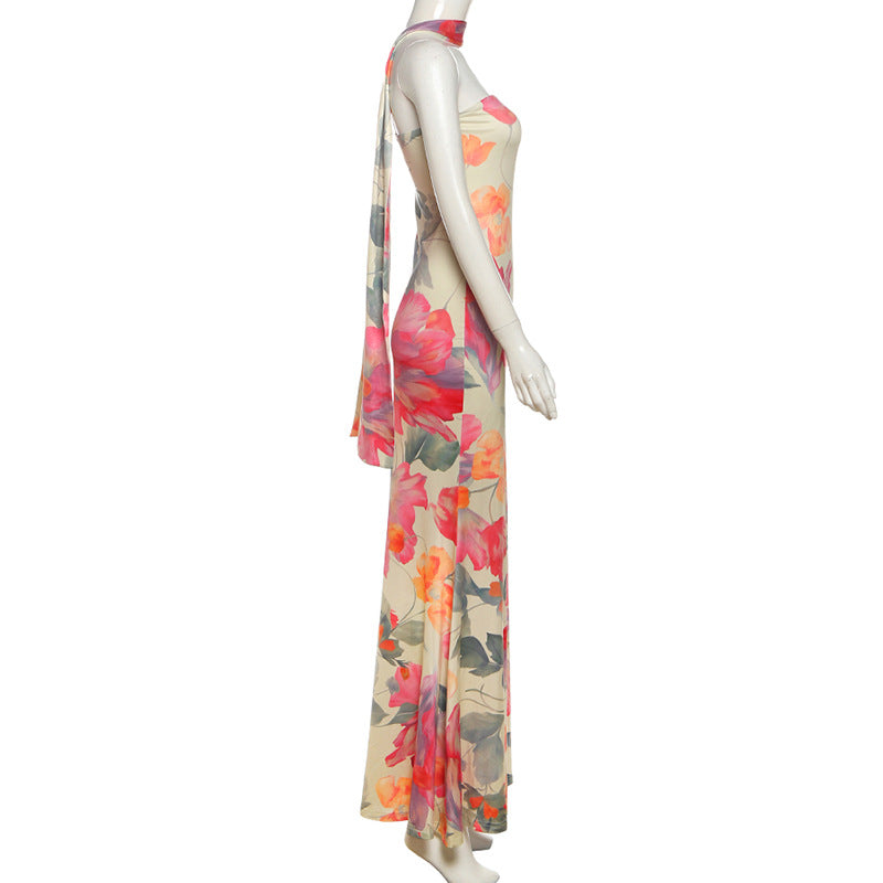 Fall Women Clothing Elegant Slim Fit Scarf Collar Sexy Backless Tube Top Printed Dress Women