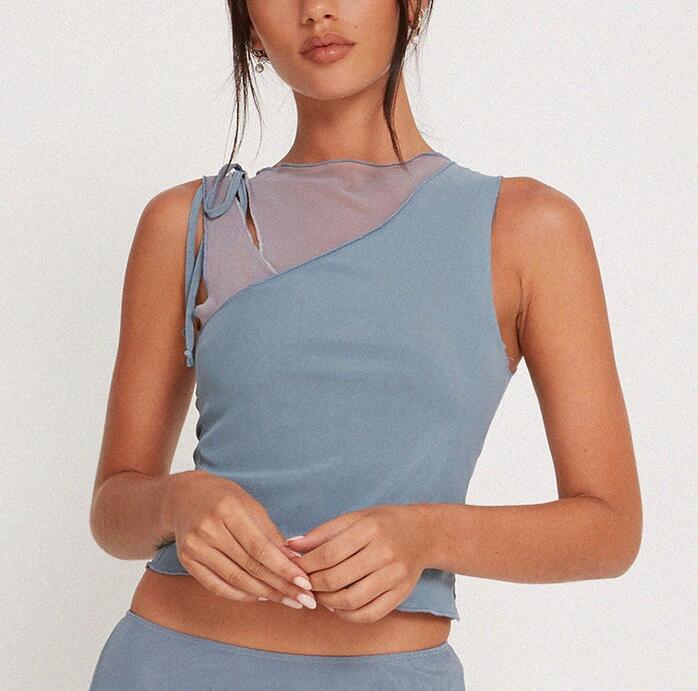 Summer Women Clothing Arrival Slim Sexy Sleeveless Faux Two Piece Tether Short Mesh Top