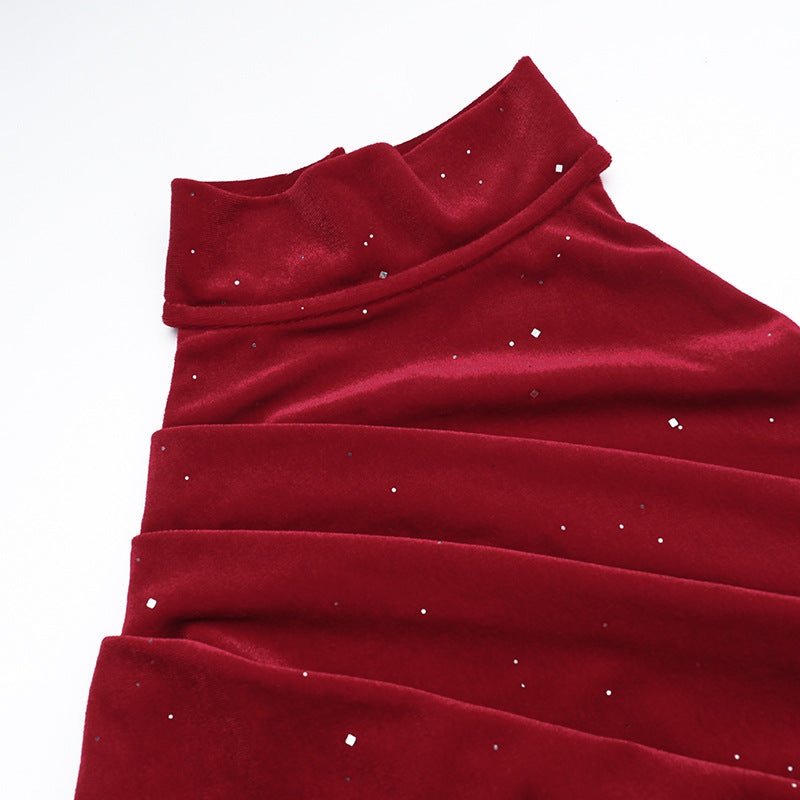 Autumn Socialite Halter Sleeveless Velvet Shiny Split Slimming Dress