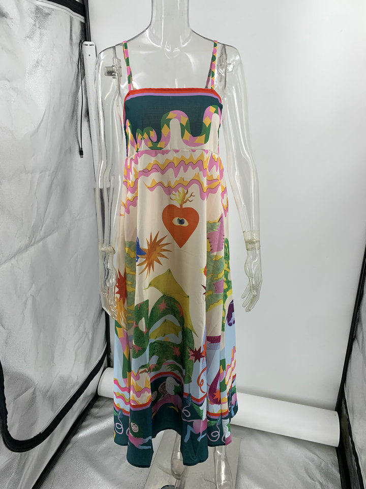 Casual Dress Women Clothing Spaghetti-Strap Floral Print Sleeveless Swing Dress Amplified craft