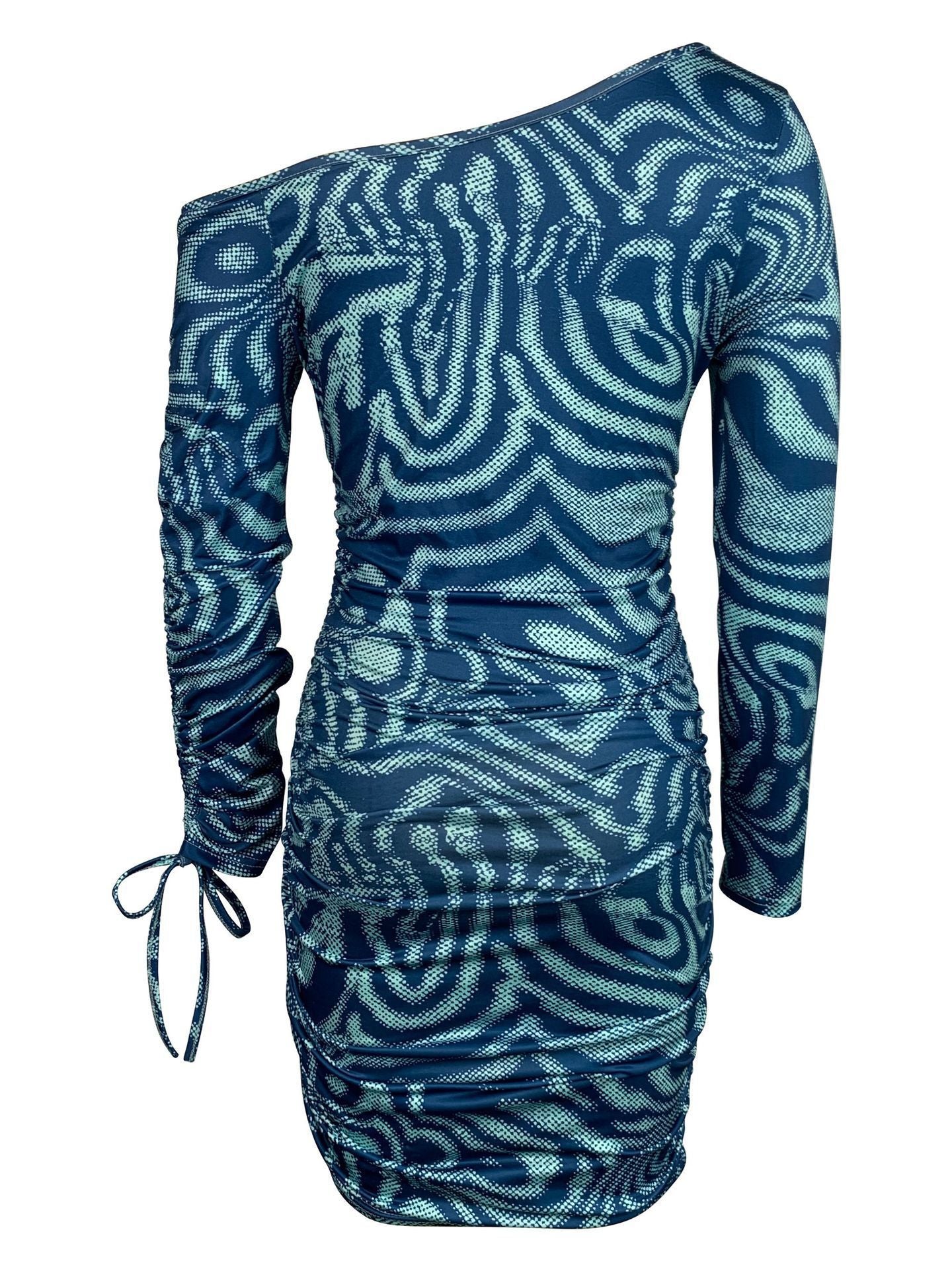 Arrival Women Clothing Floral Print Drawstring Ruffle Lace up Drawstring Long Sleeve Slant Shoulder Tight Dress