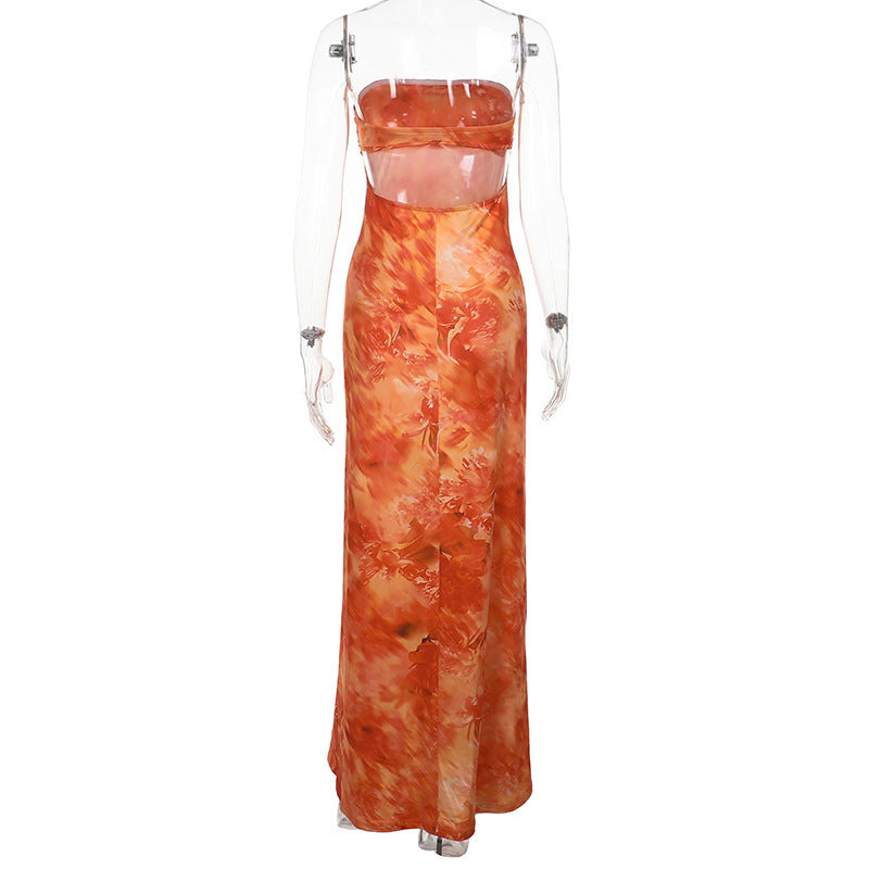 Strapless Dress Slim Fit Waist Controlled Slimming Printed Dress Vacation Dress