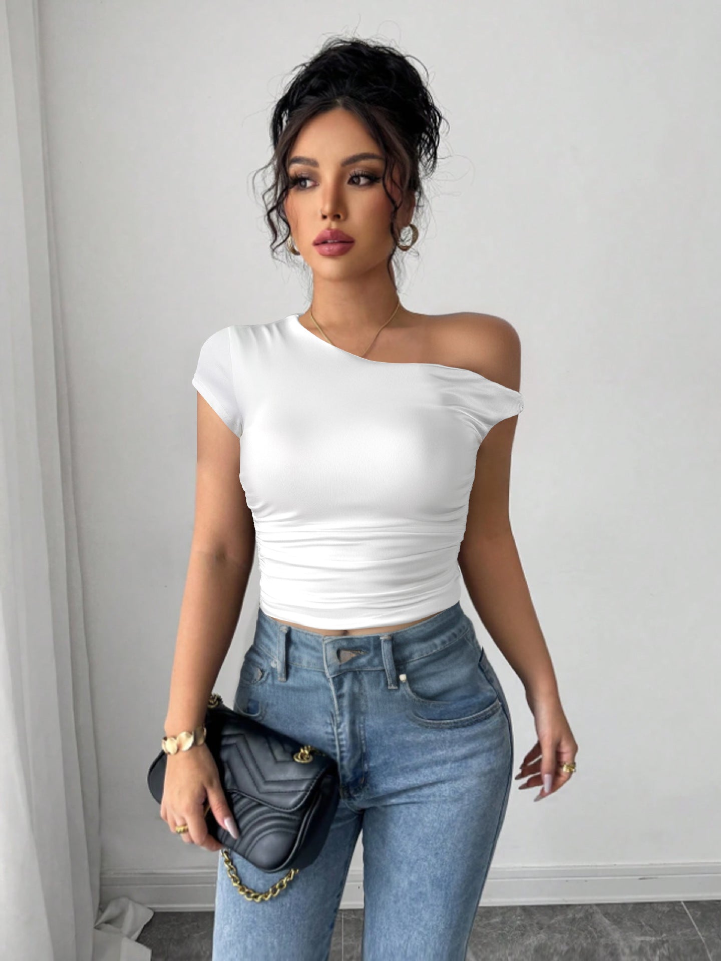 Summer Shoulder Collar Sexy Top Slimming Pleated Cropped Exposed Sexy Women Clothing
