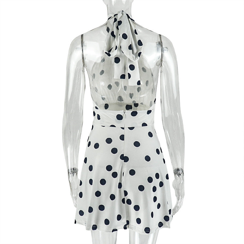 Women Wear Waist Pleated Polka Dot A line Dress Printed Halter Short Dress