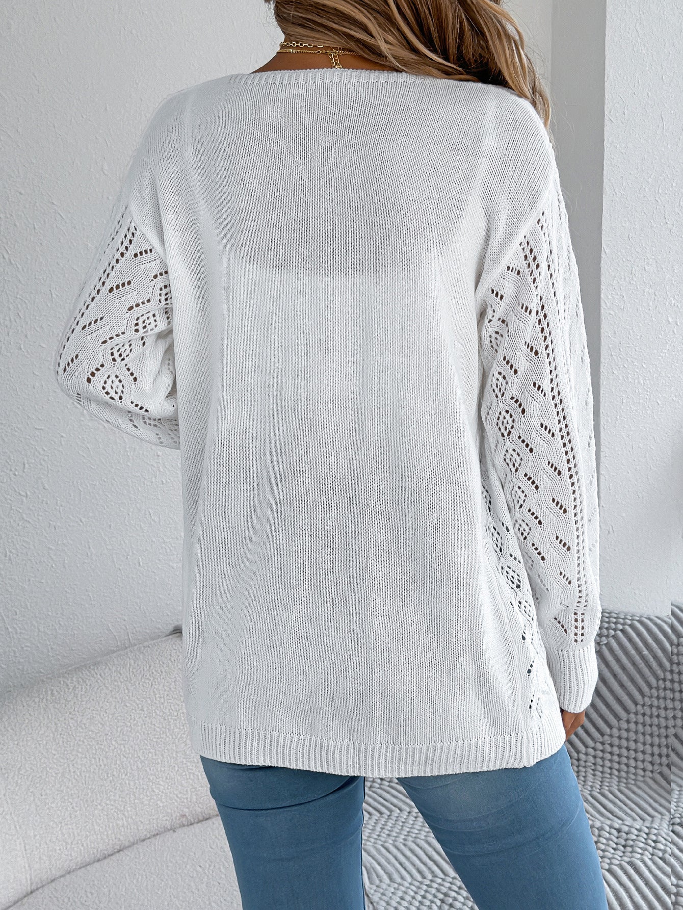 Early Autumn Casual Hollow Out Cutout out Lantern Long Sleeve Cardigan Sweater Mid Length Coat Women Clothing