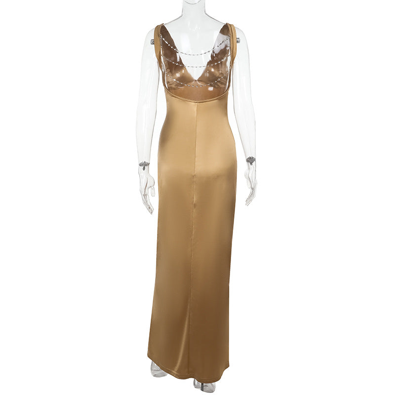 Sexy V neck Backless Bead Necklace Decorative Seaside Holiday Dress Women