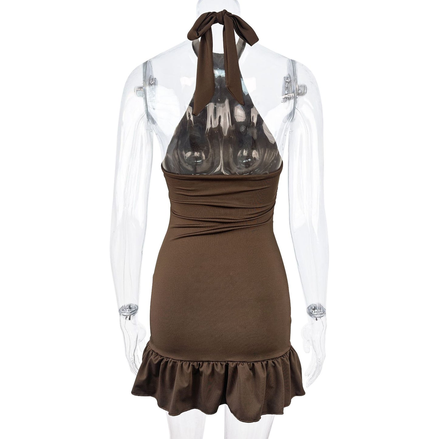 Summer Short Sleeve Sleeveless round Neck Dress Sexy Lace up Slim Fit Hip Lotus Leaf Short Dress