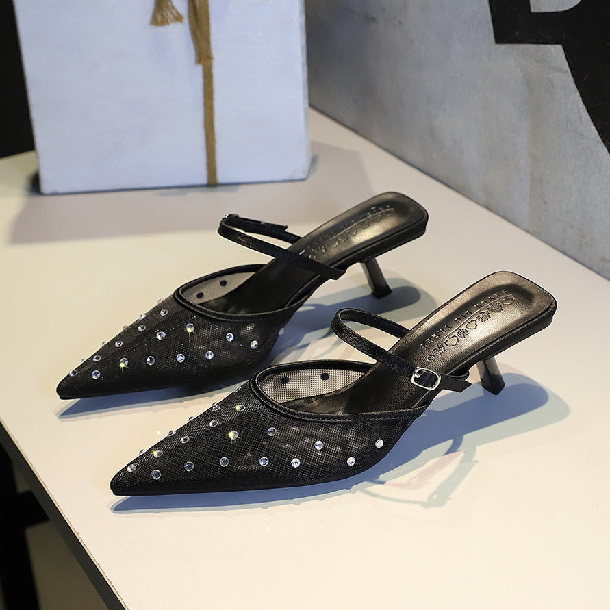 French Mesh Lace Pointed Toe Stiletto Toe Box Rhinestone Slippers Outer Wear Hollow Out Cutout Sexy Strap Half Slippers